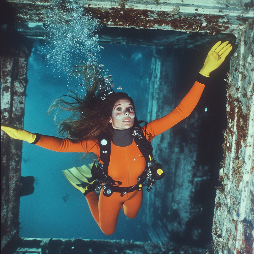 Beautiful brunette diver in sunken ship, reaching upwards gracefully.