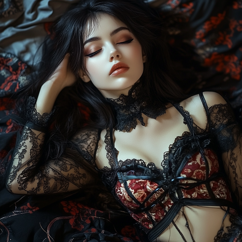 Beautiful brunette in gothic nightgowm, lying down, surreal.