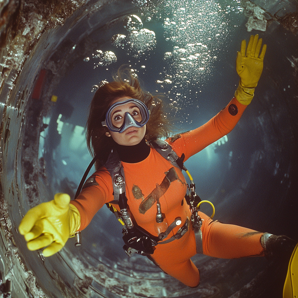 Beautiful brunette scuba diver in sunken ship, reaching upward.