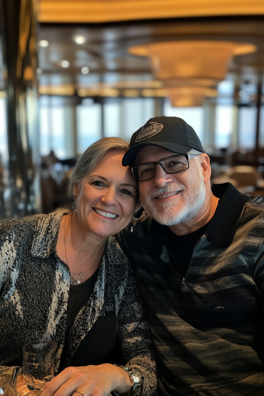 Beautiful couple smiling in dark cruise ship restaurant