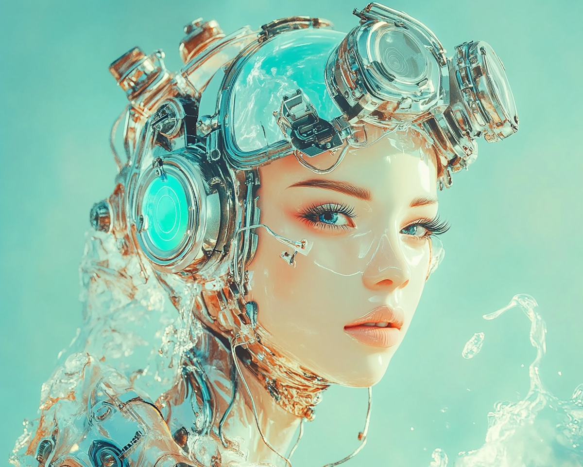 Beautiful cyborg woman waiting by the sea