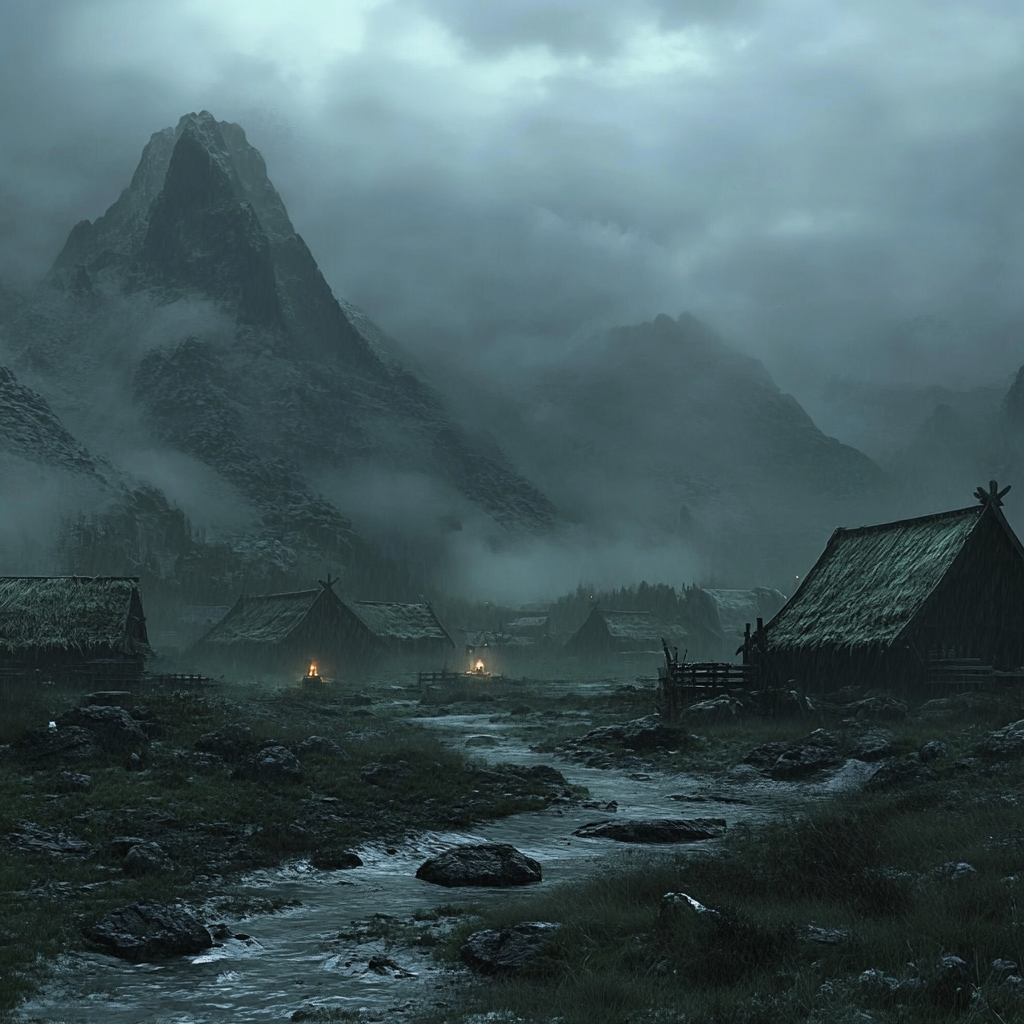 Beautiful dark fantasy tundra with small huts, pagan vibes.