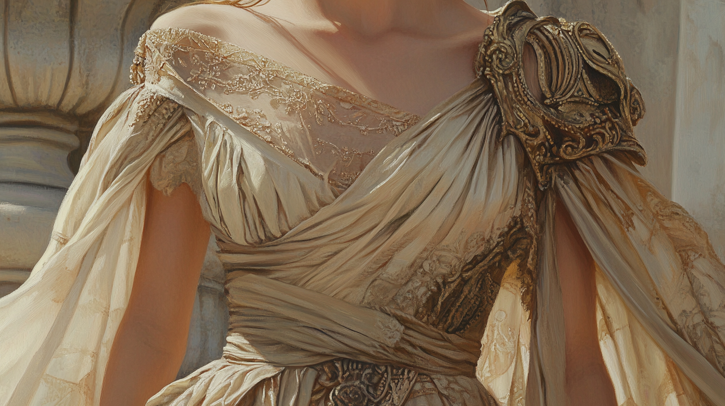 Beautiful detailed flowy dress in unique colors, oil painting.