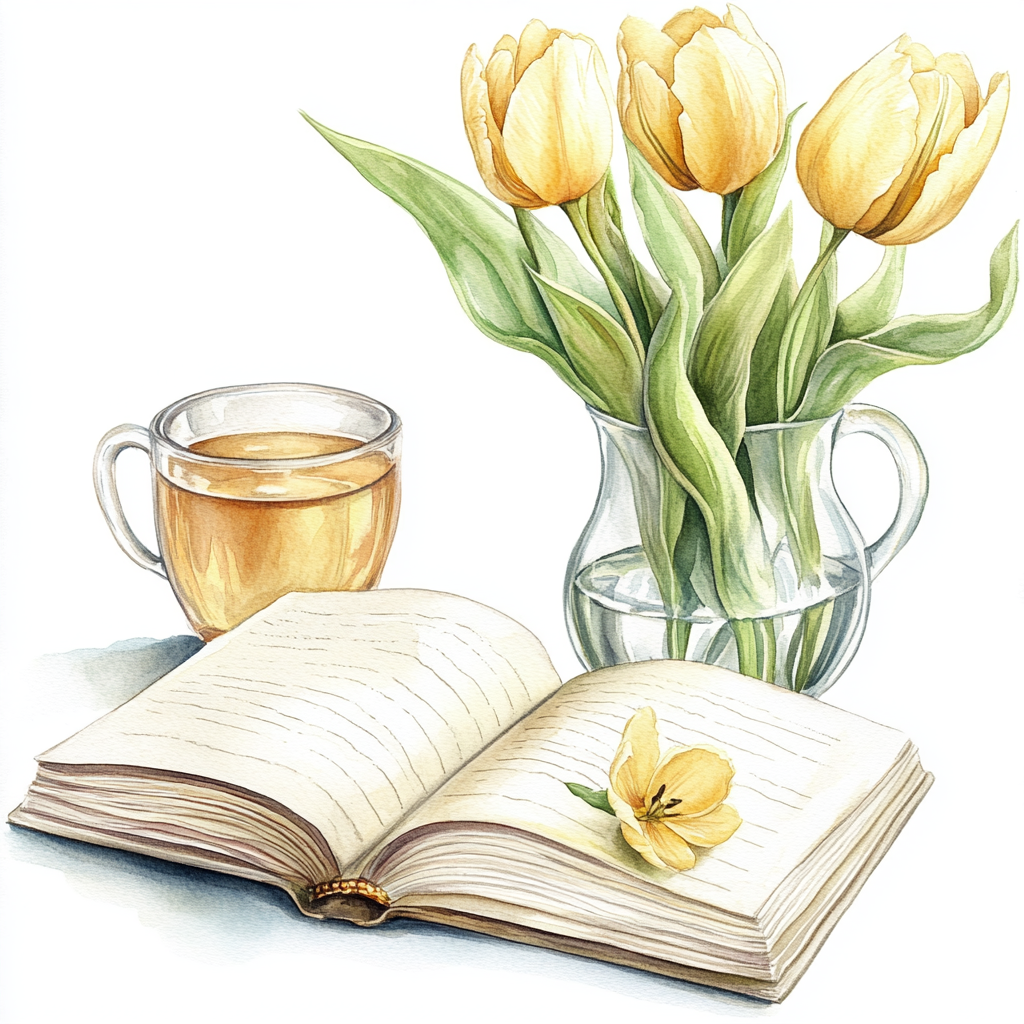 Beautiful diary book, tea, tulips watercolor clipart.