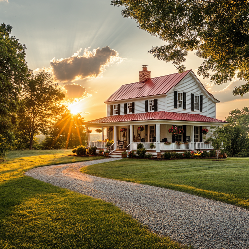 Beautiful farmhouse with red roof, white exterior, flowers, chairs.