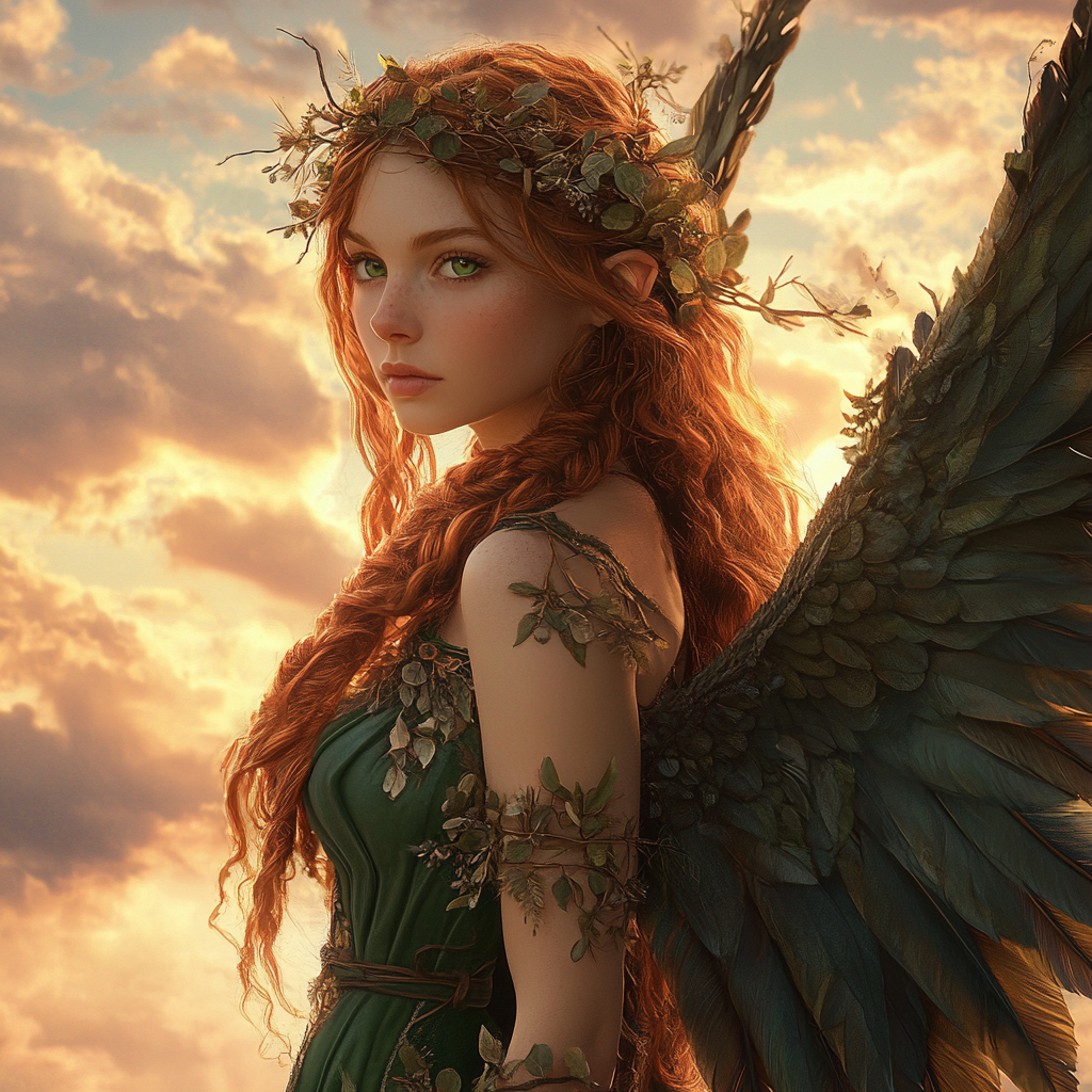 Beautiful female Angel with auburn braided hair flying.