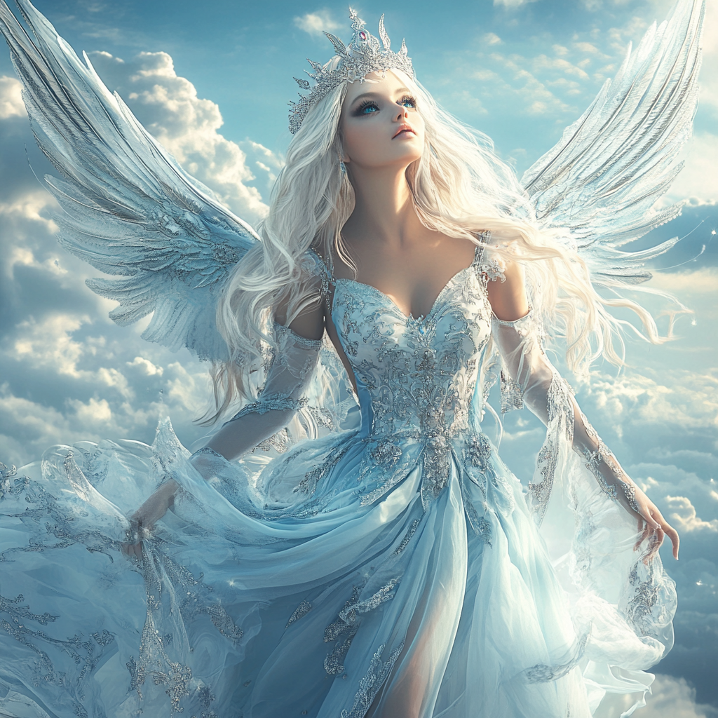 Beautiful female Angel with platinum blonde hair and blue eyes, wearing silver crown and light blue dress, flying in sky with clouds