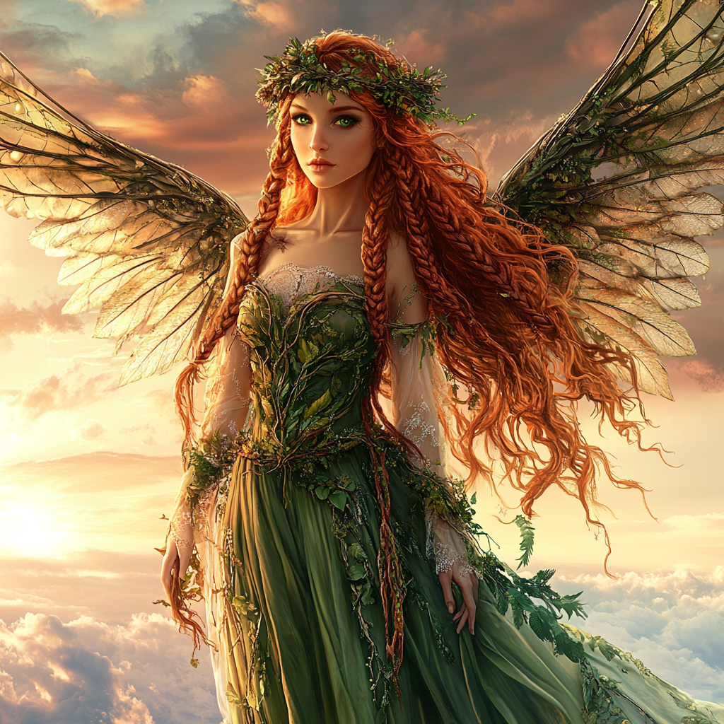 Beautiful female angel with long auburn braided hair peaceful flying sunset evening wings dress vine crown.