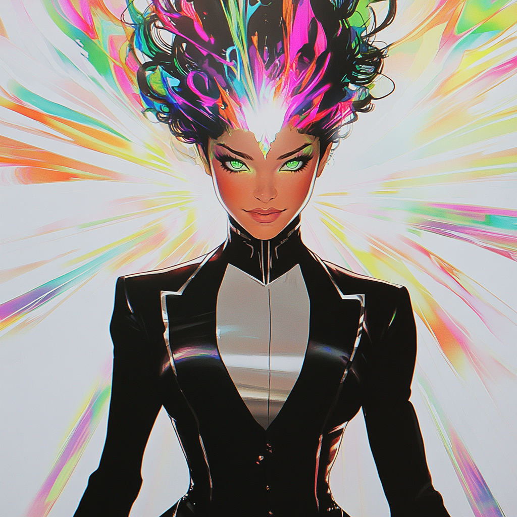 Beautiful female in glowing multi-color suit dress illustration.