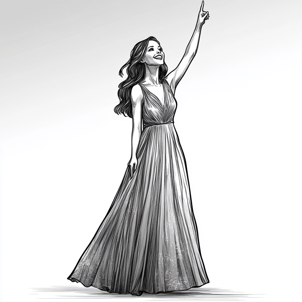 Beautiful female in maxi dress pointing, black-and-white sketch