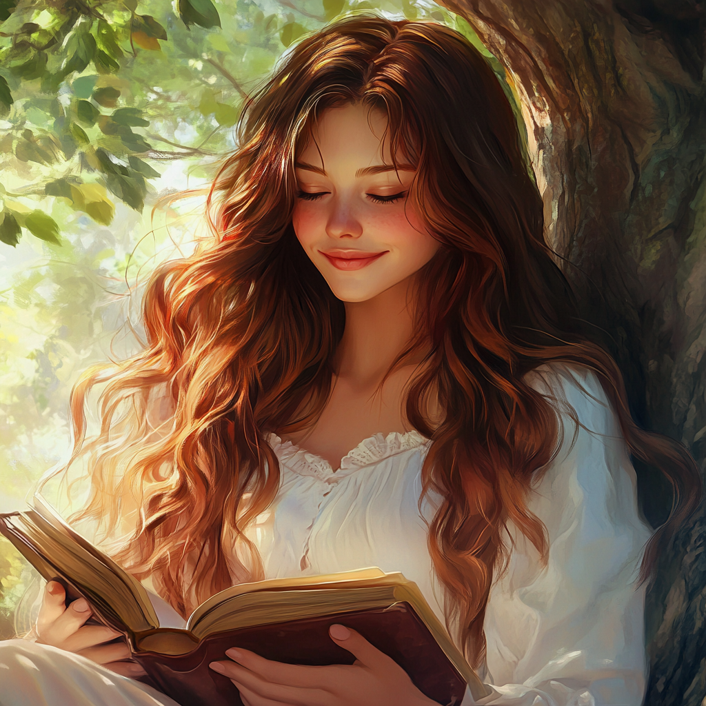 Beautiful female with red hair reading under tree