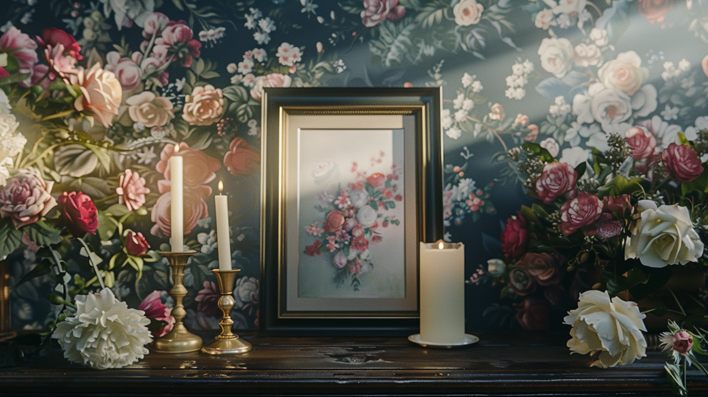 Beautiful flowers and candles in a large frame