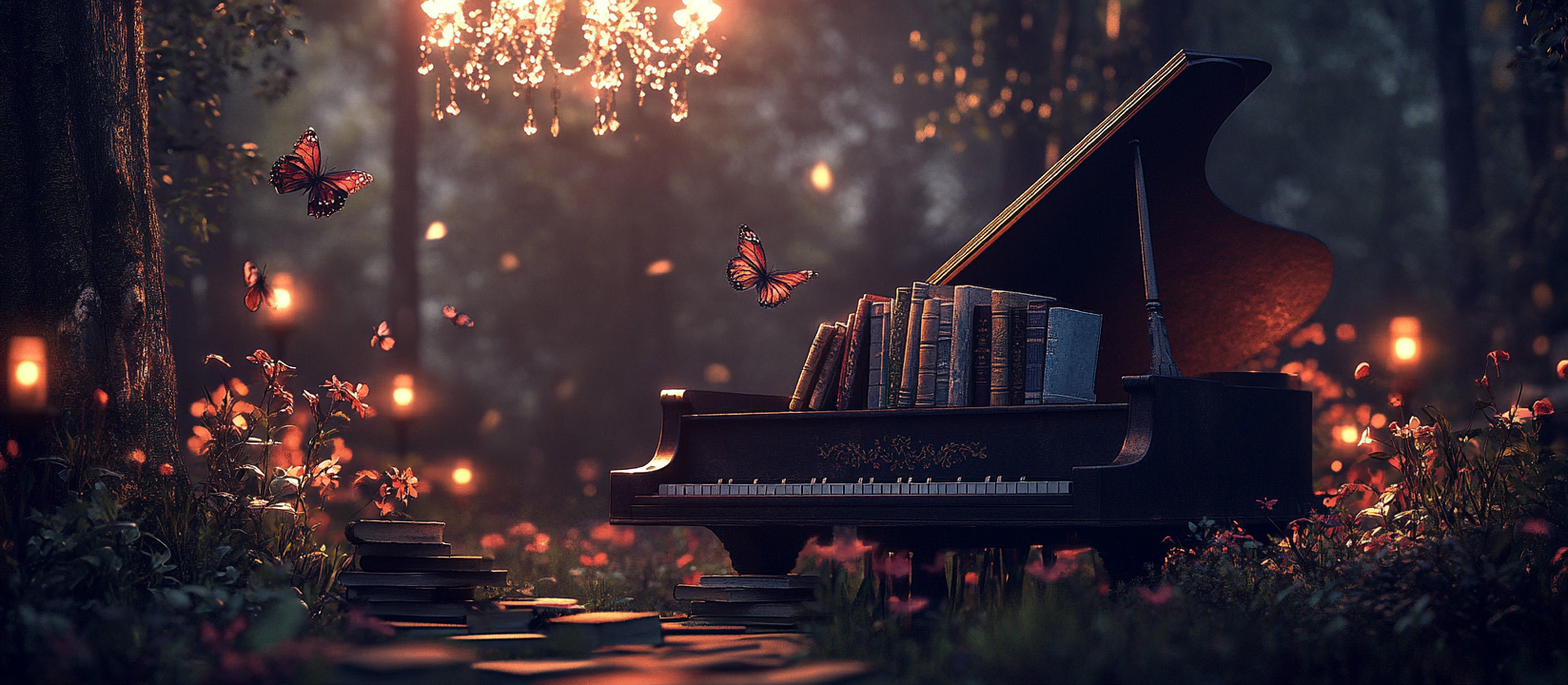 Beautiful forest night scene with piano and books.