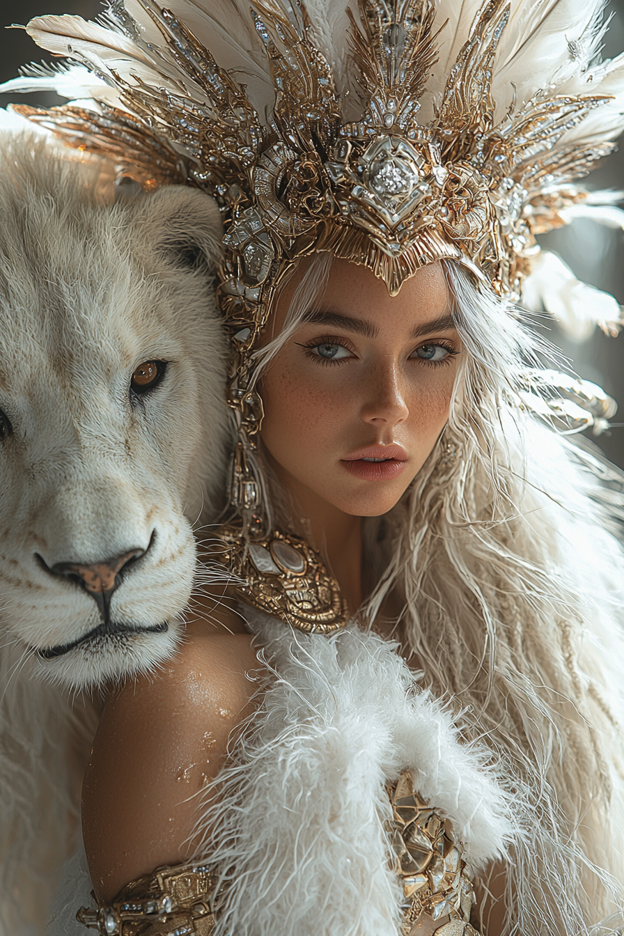 Beautiful futuristic fashion model with white lion, high definition.