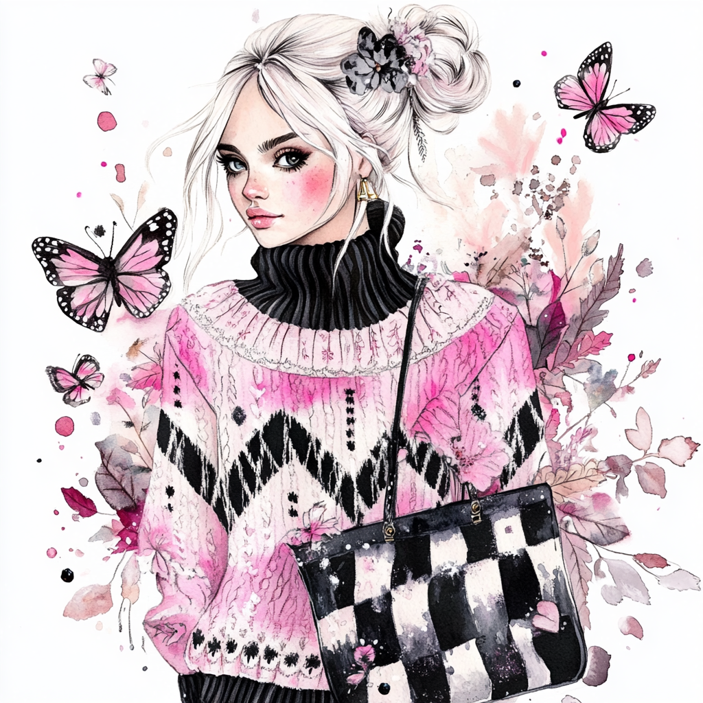 Beautiful girl in cozy sweater with pink butterflies