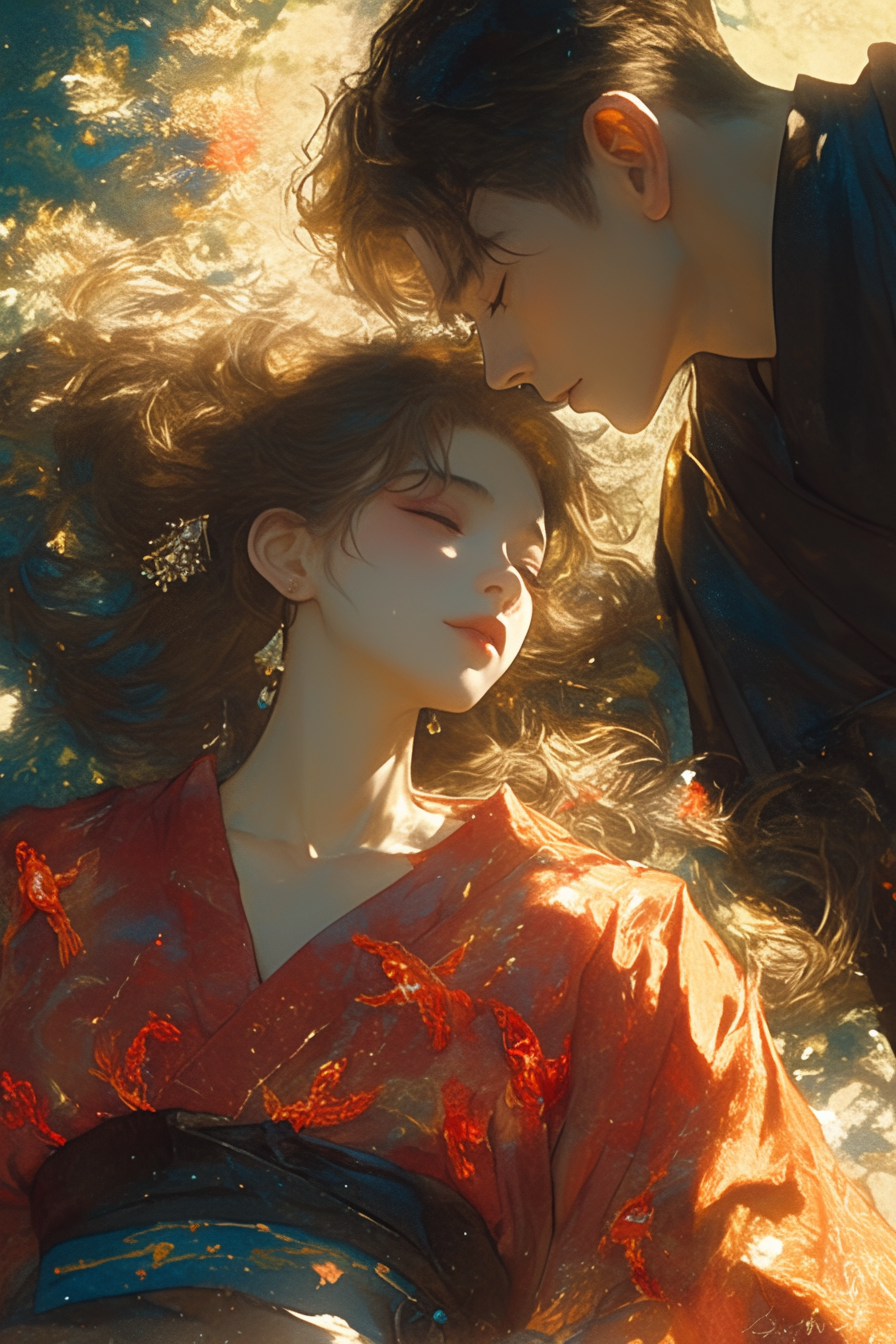 Beautiful girl in orange-red hanfu with goldfish, boy in blue robes, looking lovingly, golden light, close-up portraits.