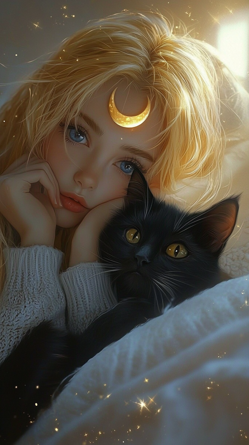 Beautiful girl in white sweater with black cat.