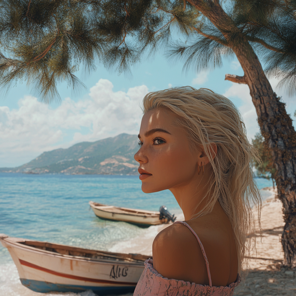 Beautiful girl on sandy beach, trees and boat