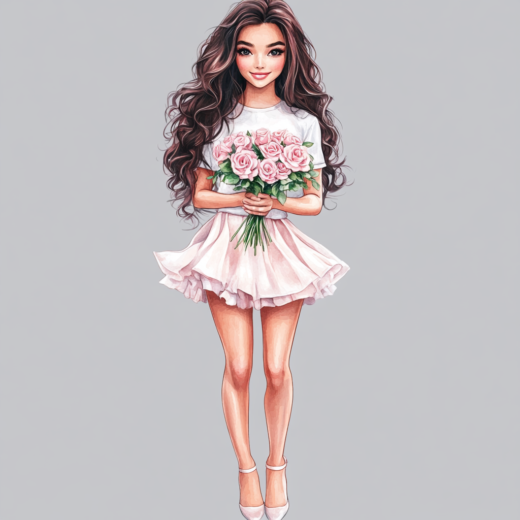 Beautiful girl wearing pink skirt with roses bouquet