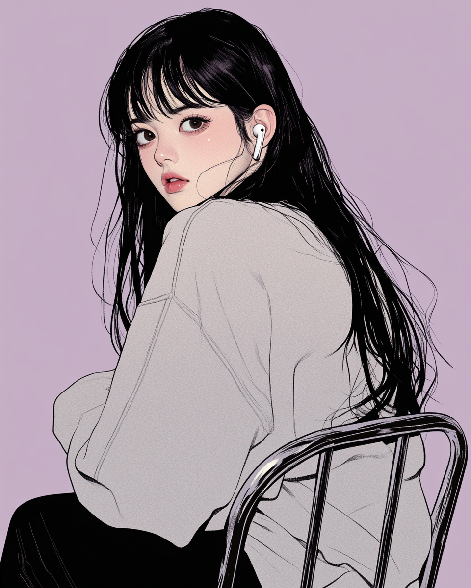 Beautiful girl with big eyes, black hair, anime style.