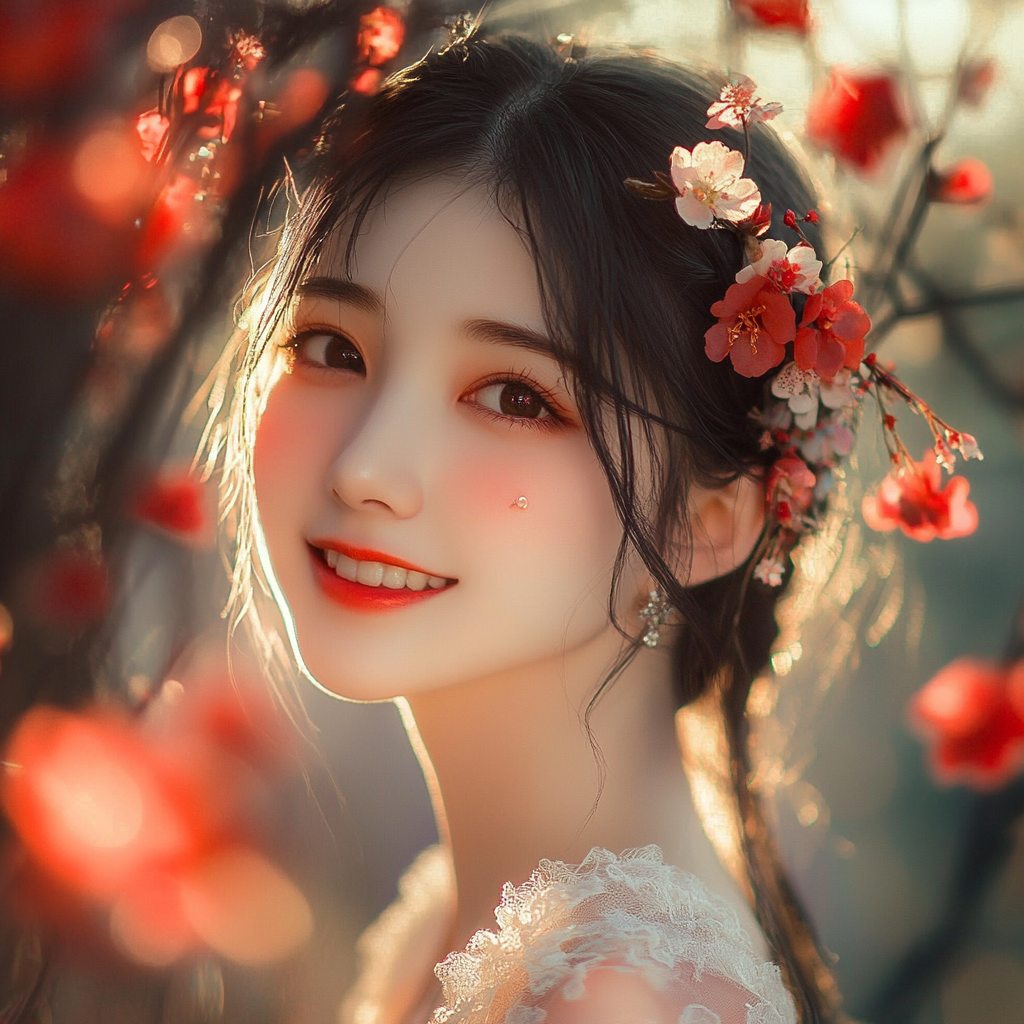 Beautiful girl with long hair and flower ornament smile