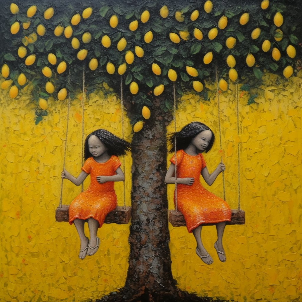 Beautiful girls swinging from mango tree in colorful oil Painting