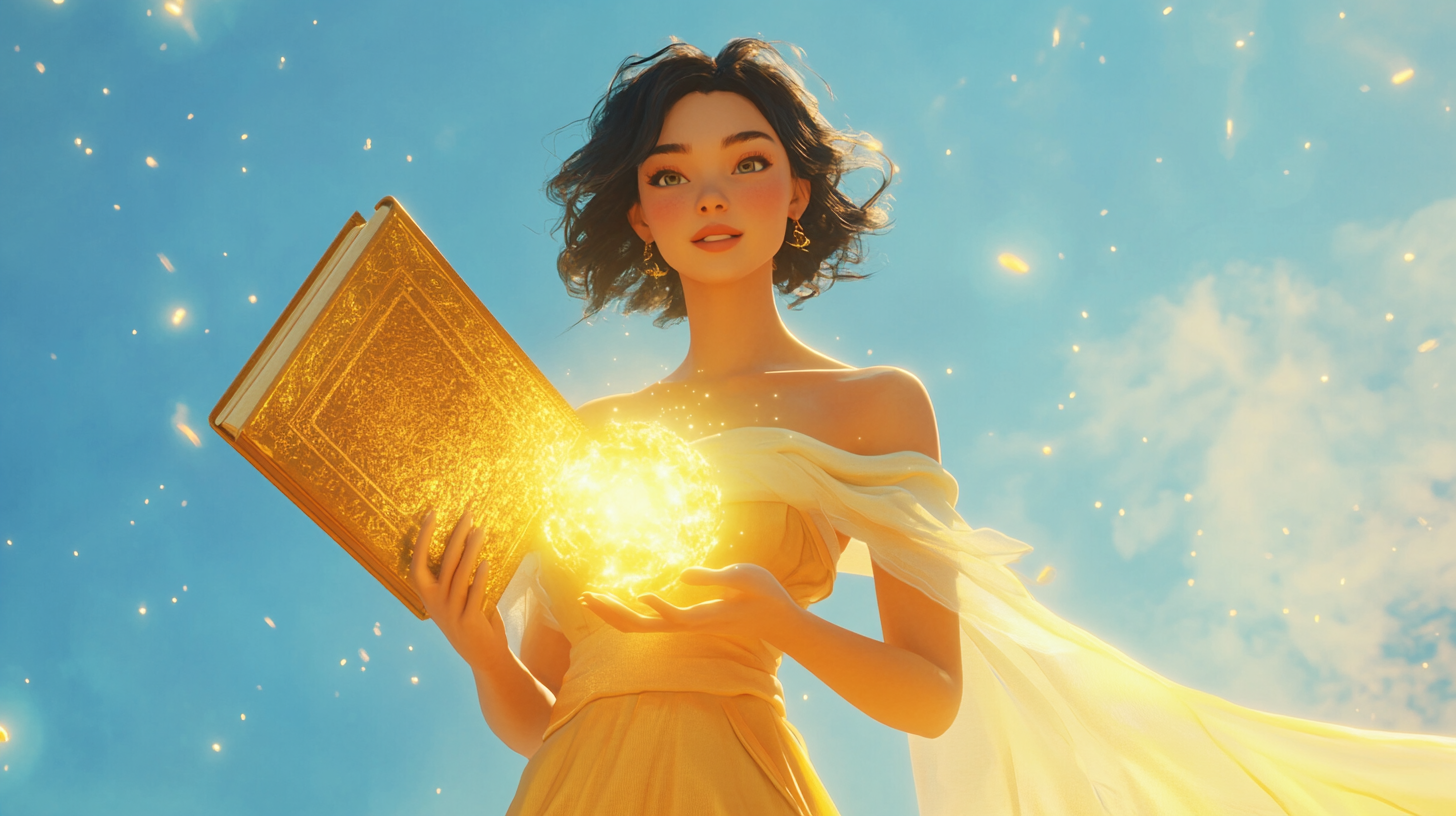 Beautiful goddess Abundantia offers golden-covered book with kindness.