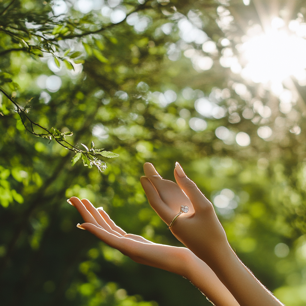 Beautiful hand with fantasy ring in nature photoshoot.