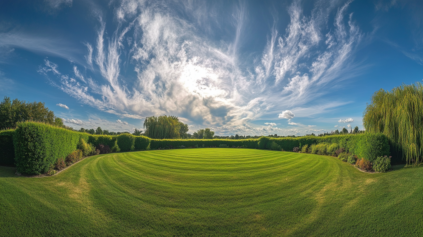 Beautiful lawn with hedges, clouds, and willows.