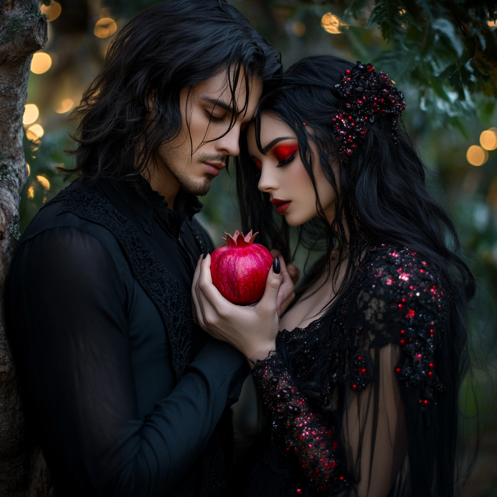 Beautiful man and woman in gothic clothing at night.