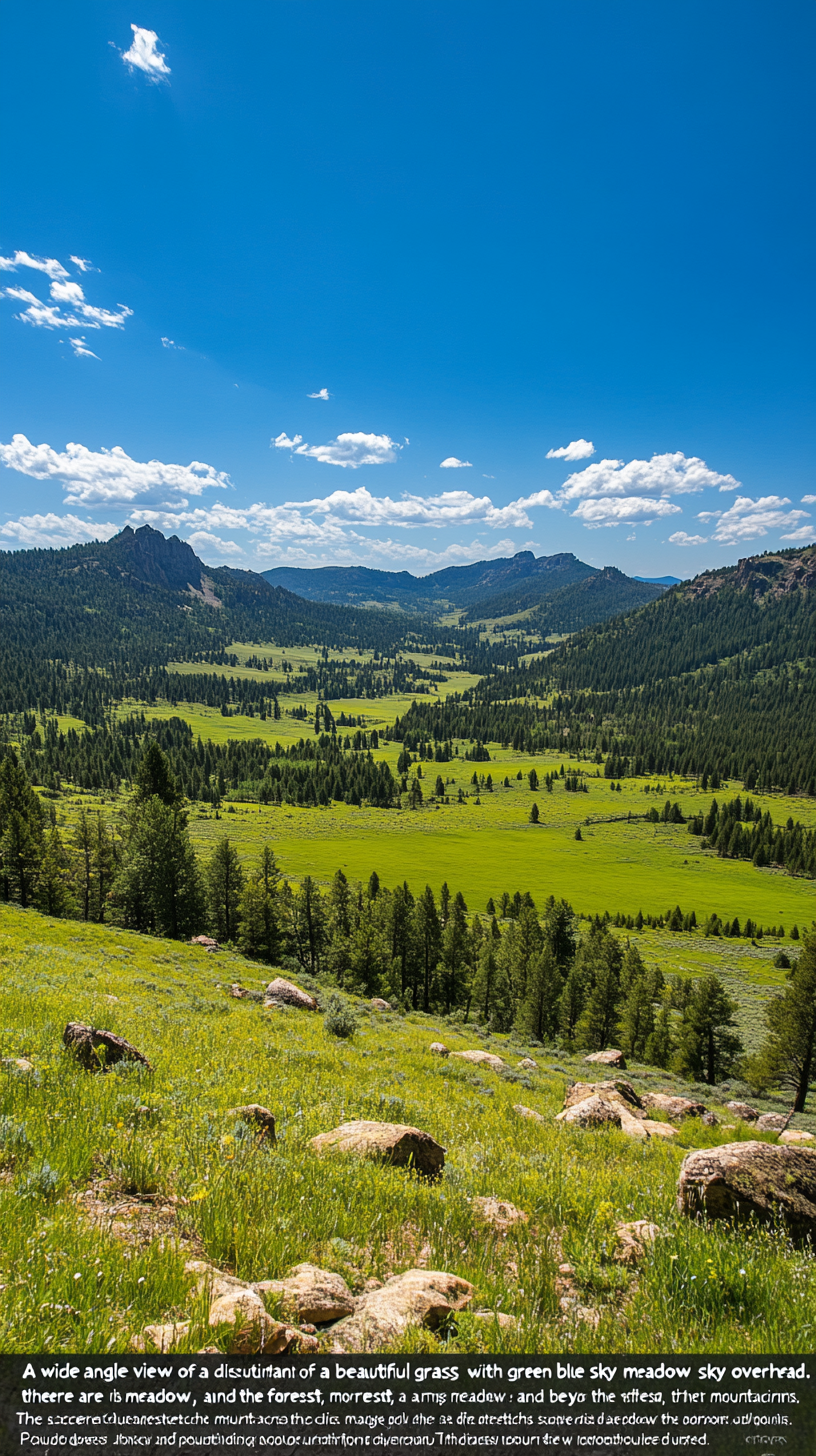 Beautiful meadow with green forests, mountains, and blue sky.