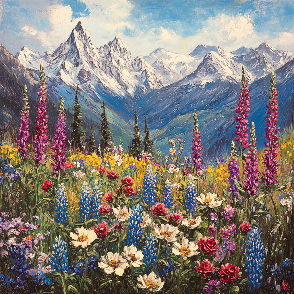 Beautiful mountains and colorful flowers with bold brushstrokes.