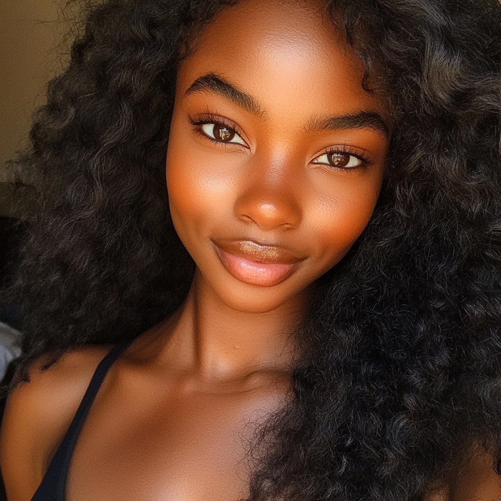 Beautiful natural black woman with rich dark skin, curly hair.