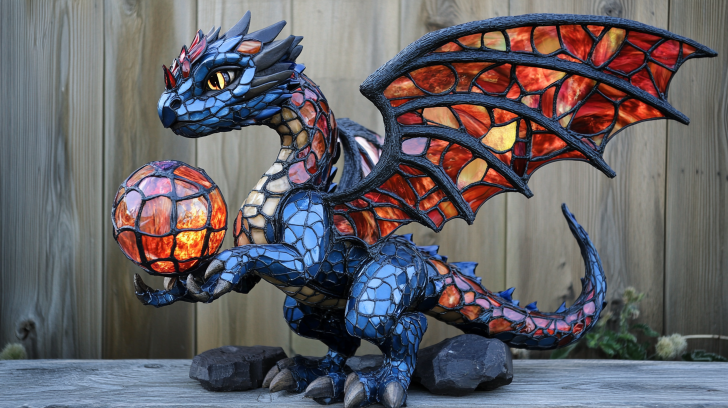 Beautiful navy dragon with red glass wings, holding fire globe.