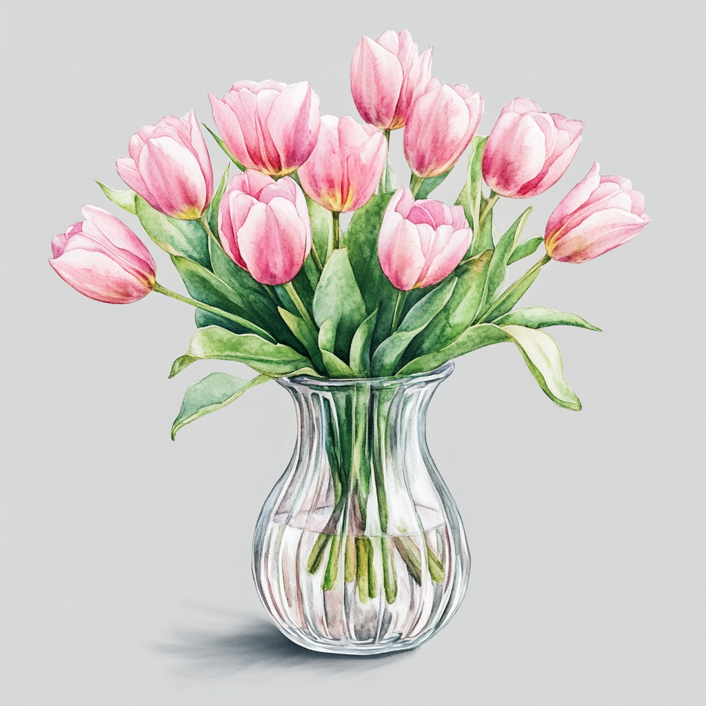 Beautiful pink tulips in glass vase watercolor clipart