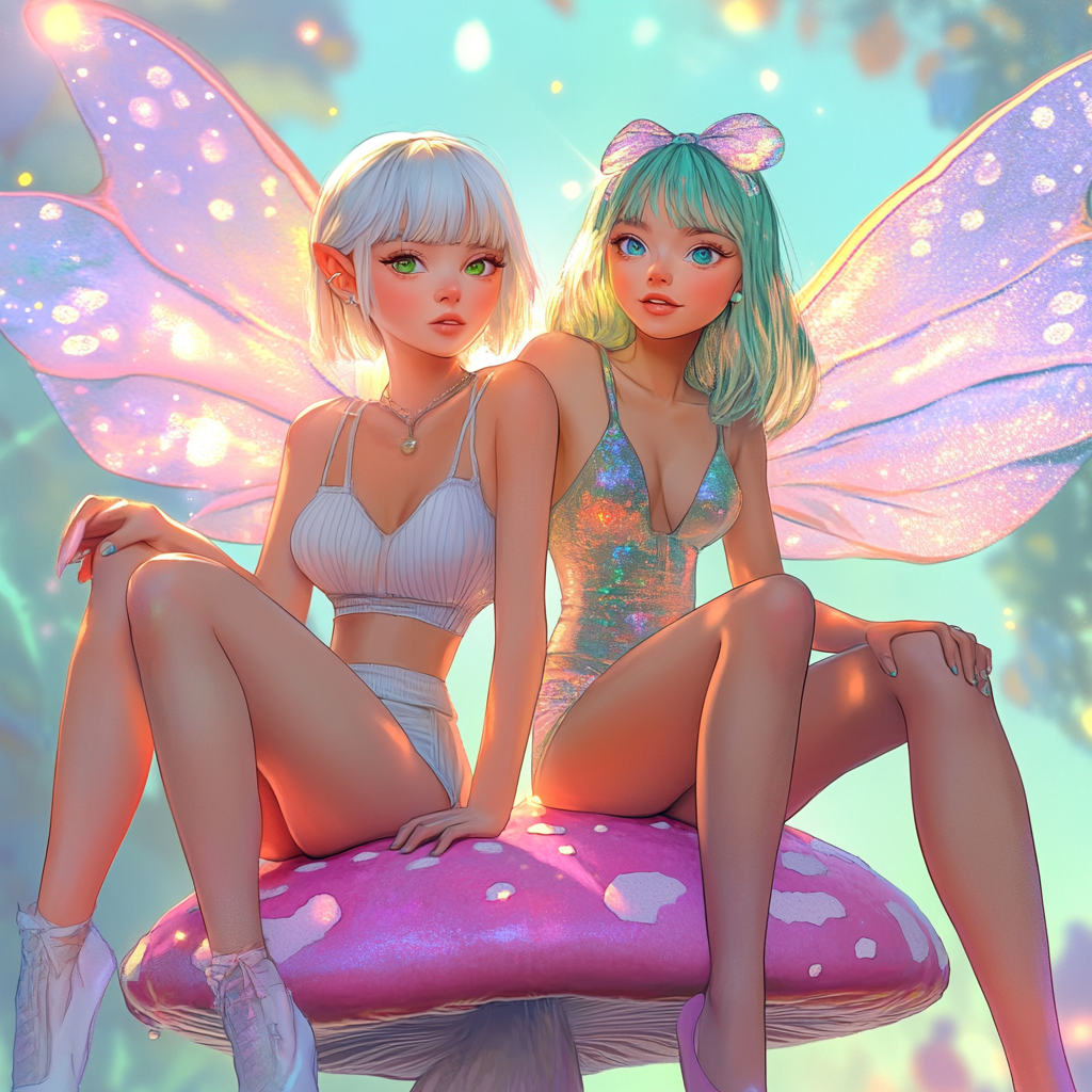 Beautiful pixie women sitting on pink toadstool with wings.