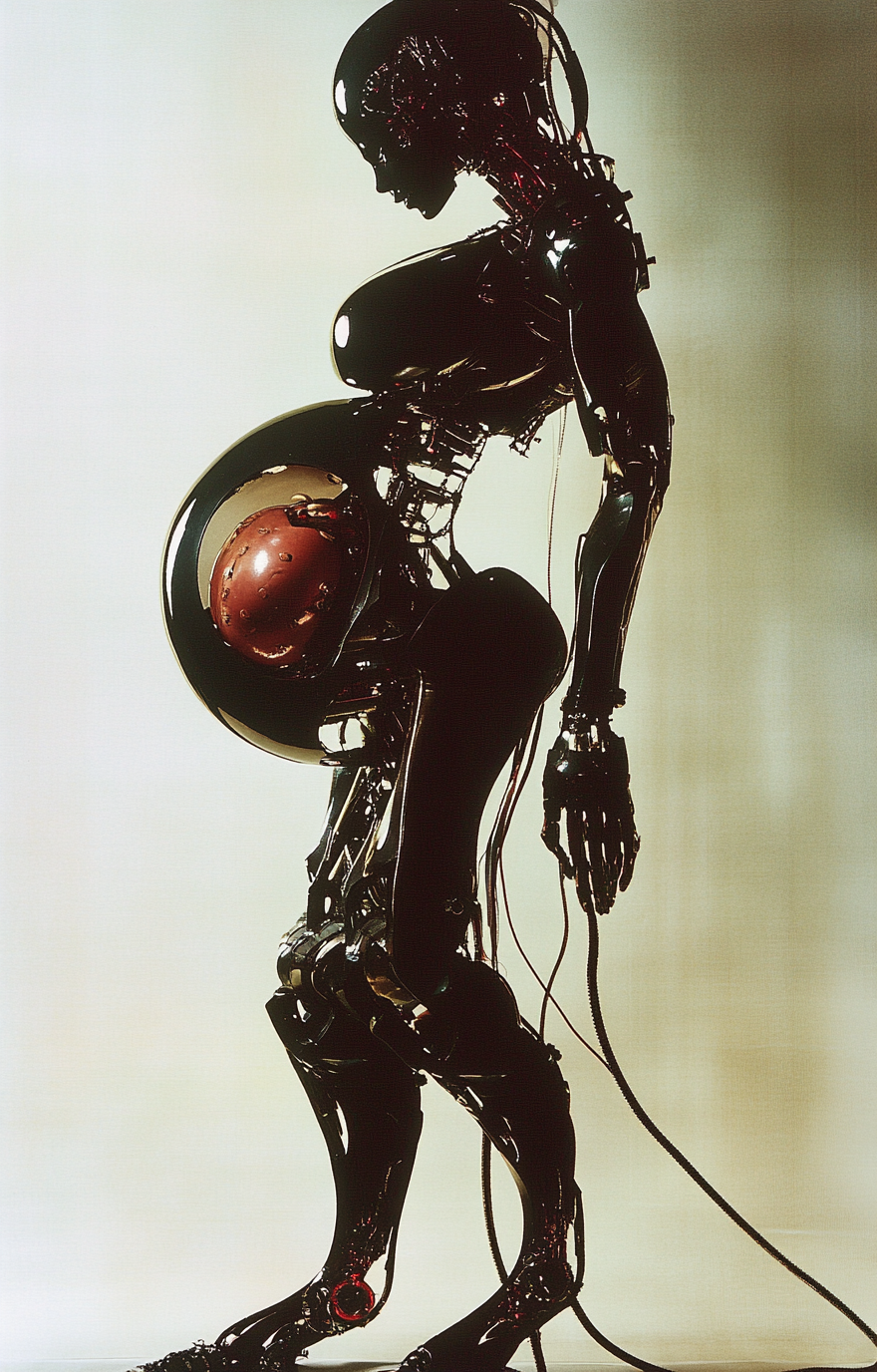 Beautiful pregnant robot with intricate mechanical legs