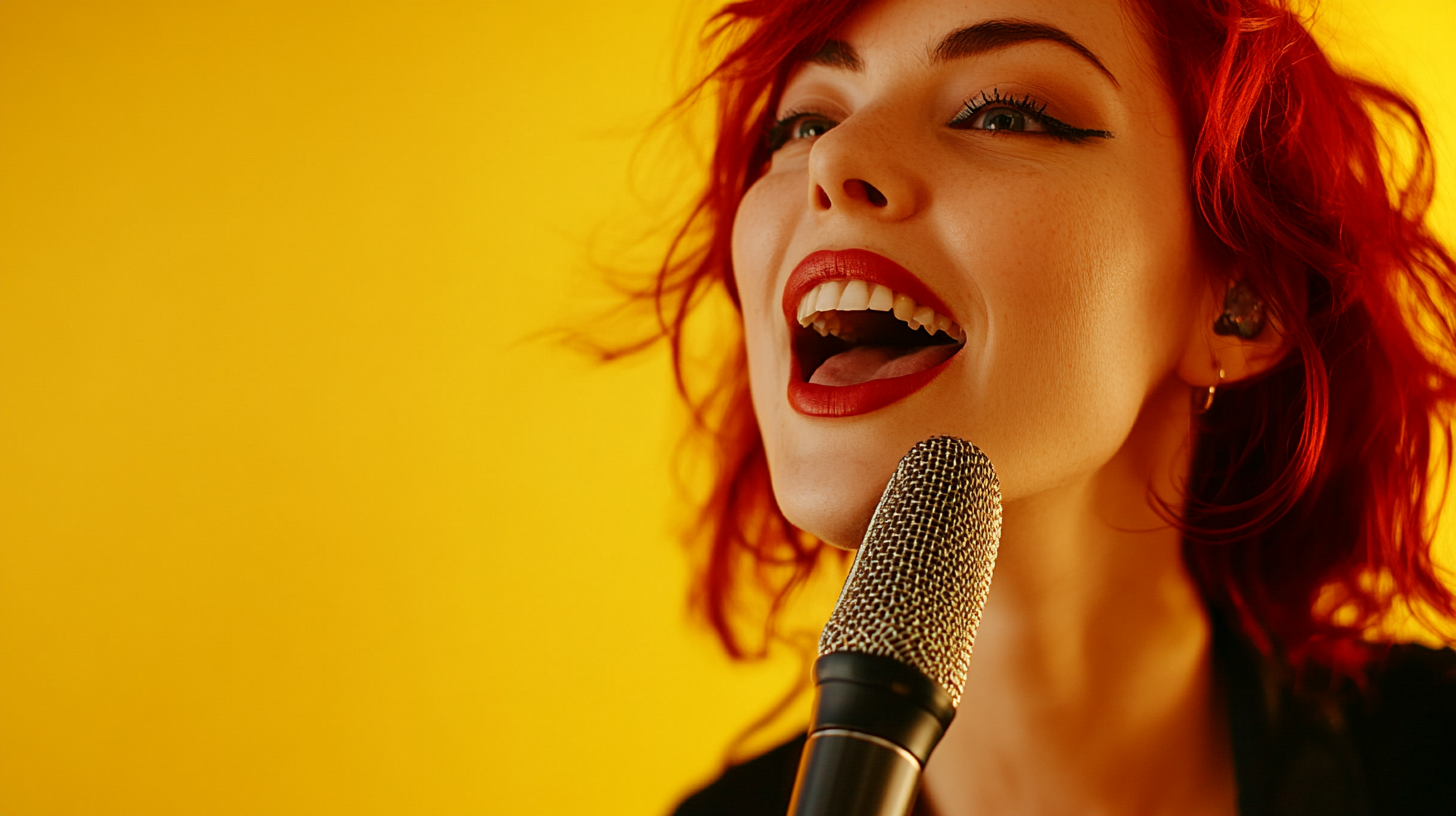 Beautiful red-haired woman singing on yellow backdrop.