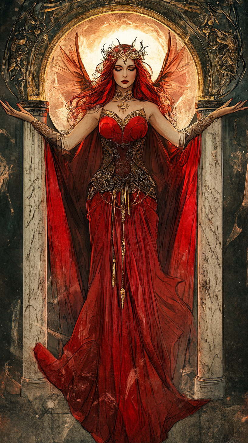 Beautiful red high priestess in dynamic pose with moon croissant at feet.