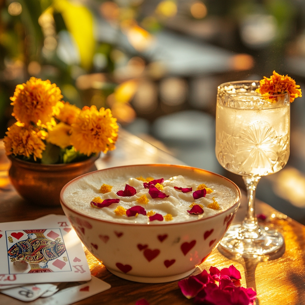 Beautiful rose petal dessert with cocktail and props