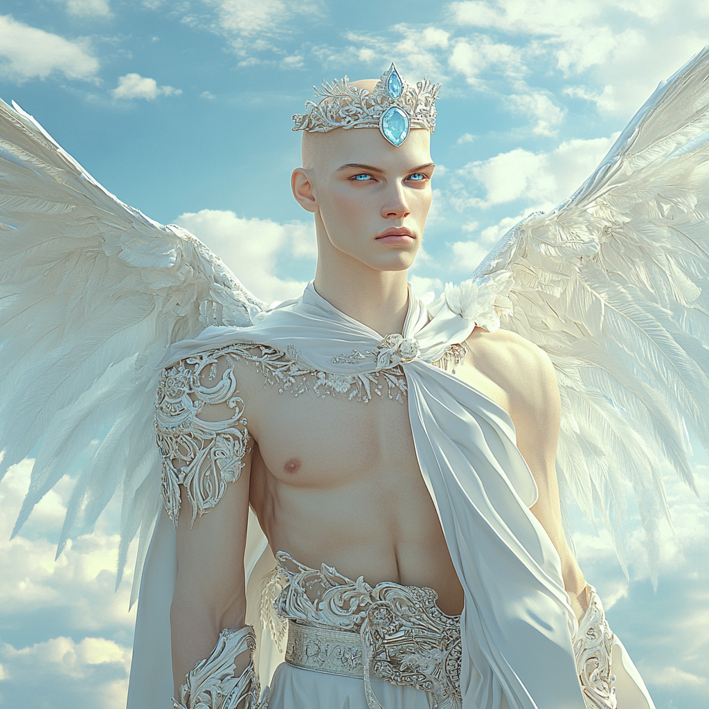 Beautiful skinny bald Angel with blue eyes flying high in sky.