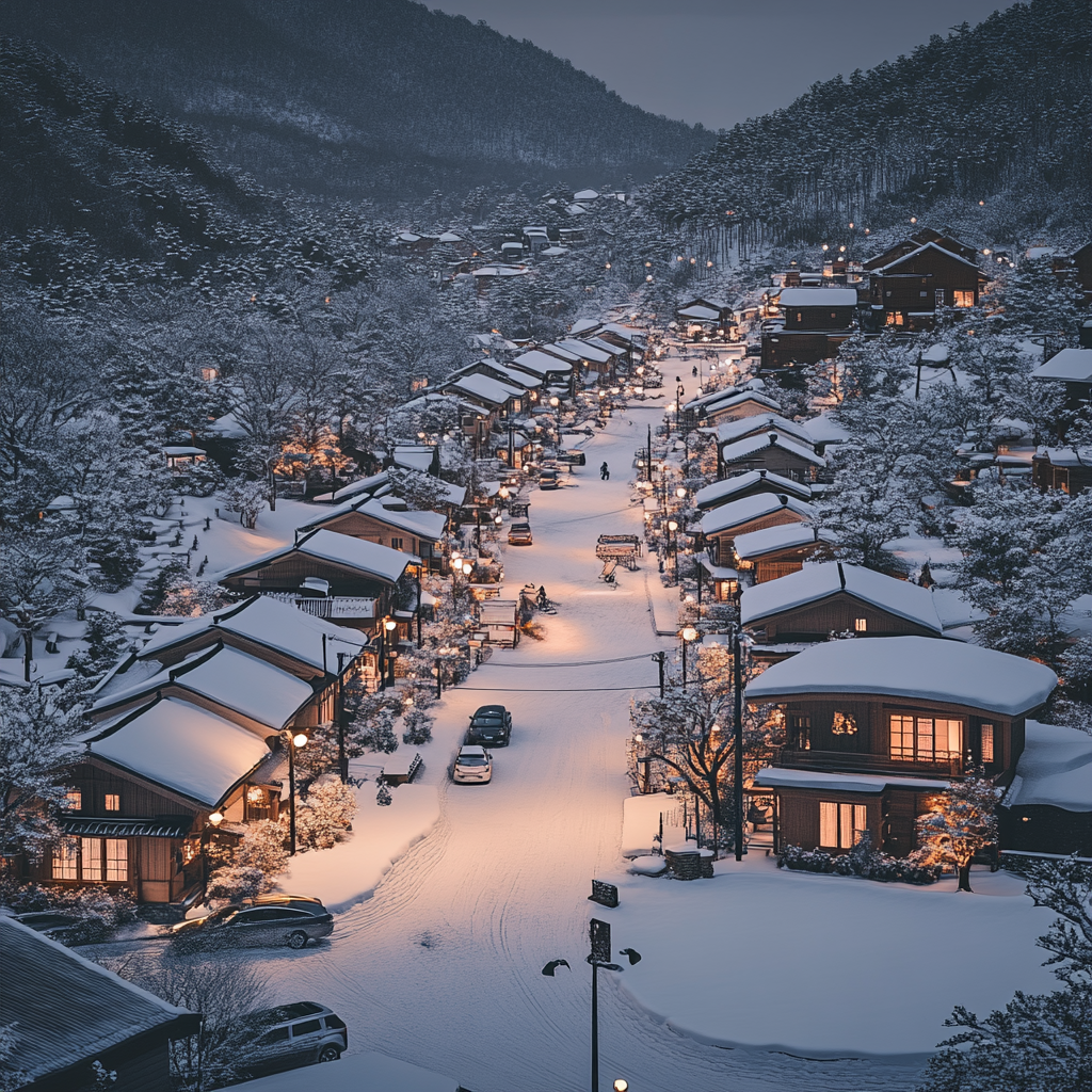 Beautiful snowy village at dusk with mountain view