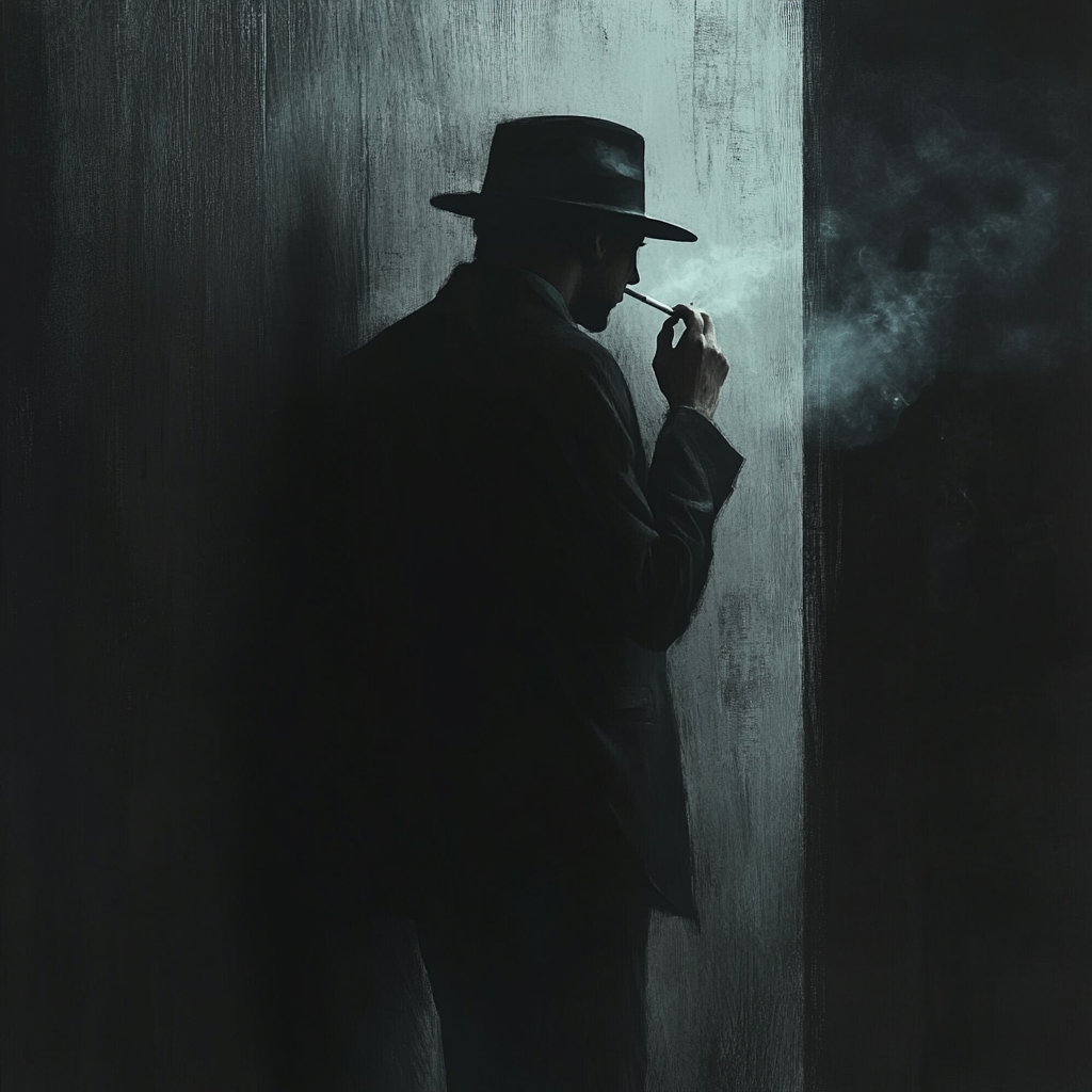 Beautiful spy leans against wall, smokes cigarette, watches.