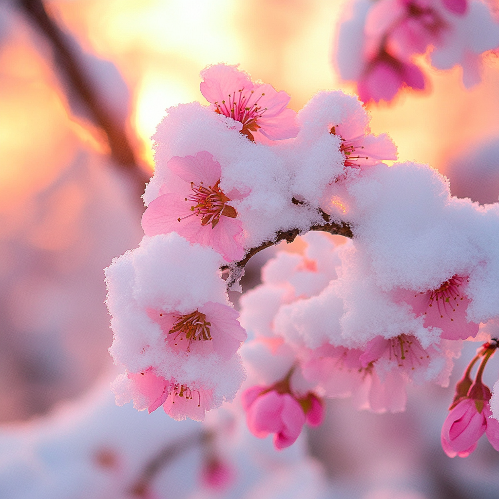 Beautiful sunset over snow-covered cherry blossoms.