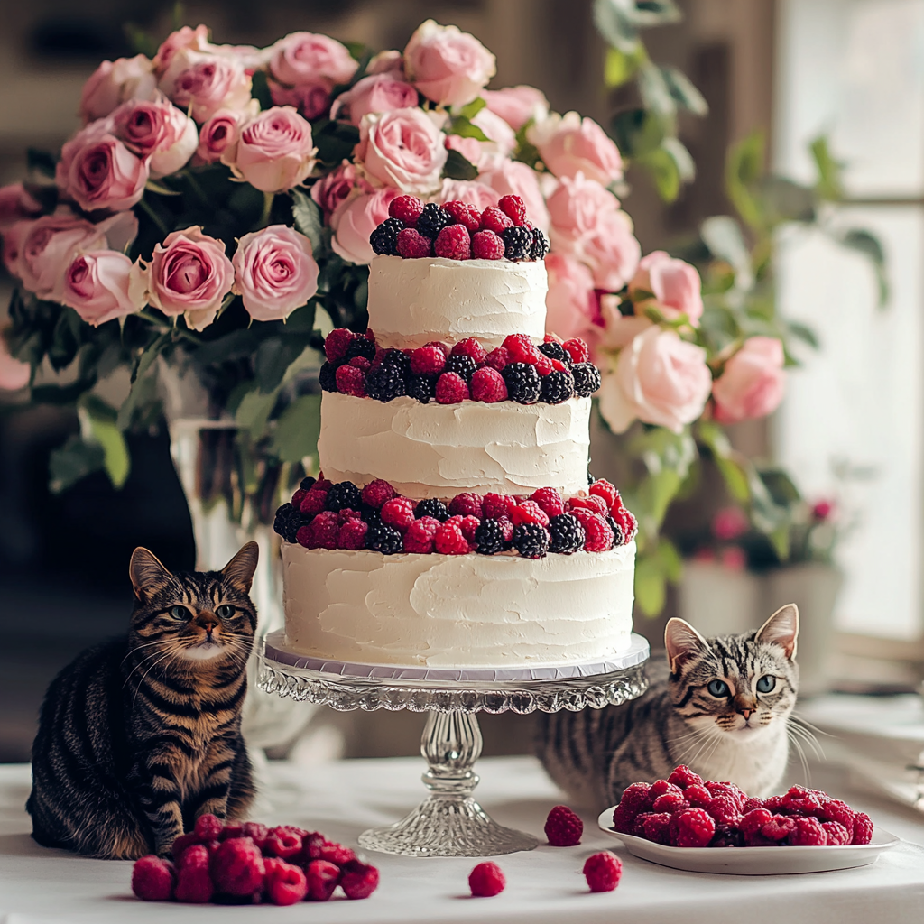 Beautiful three-tiered cake surrounded by cats and flowers