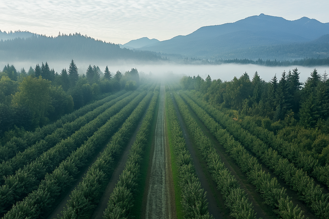 Beautiful view of apple orchards with mountains in background