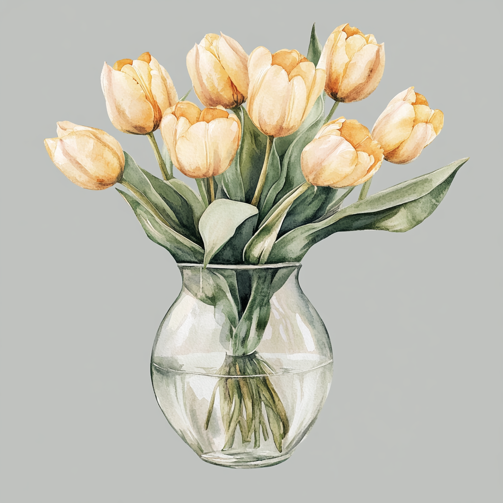 Beautiful watercolor bouquet of pastel yellow tulips in vase