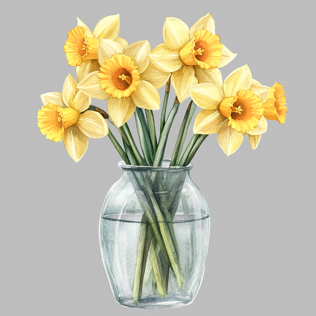 Beautiful watercolor daffodils in glass vase illustration