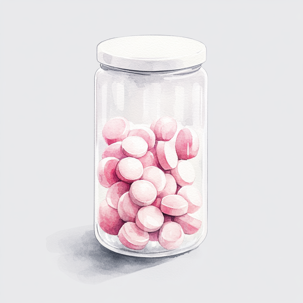 Beautiful watercolor illustration of pink pills in container