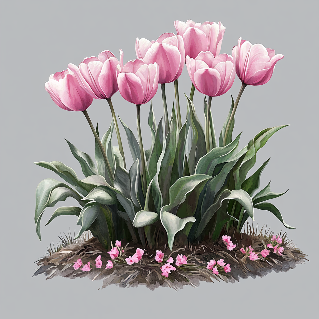 Beautiful watercolor pink tulips in spring garden